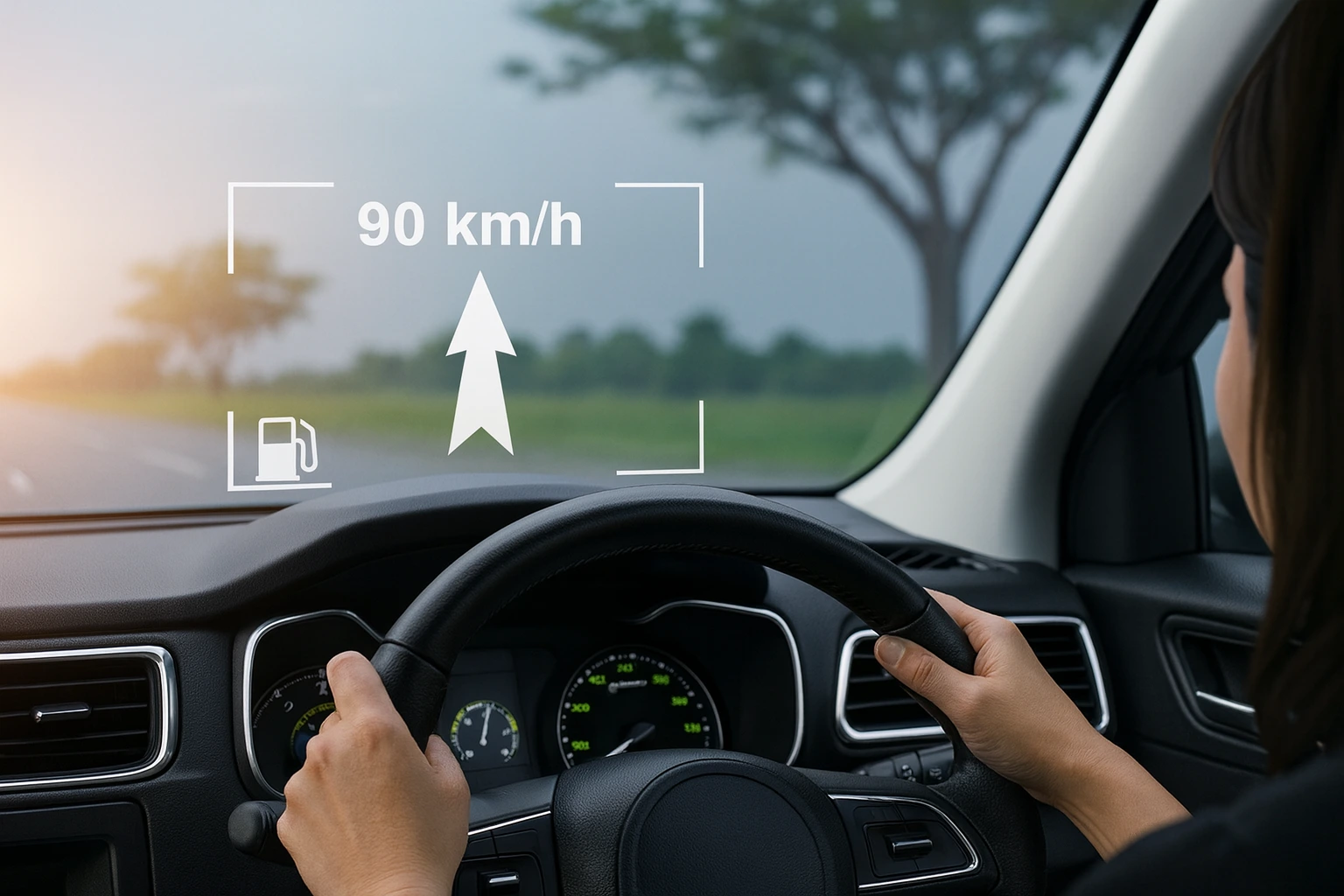 Driver's view of a heads-up display projected onto a car windscreen