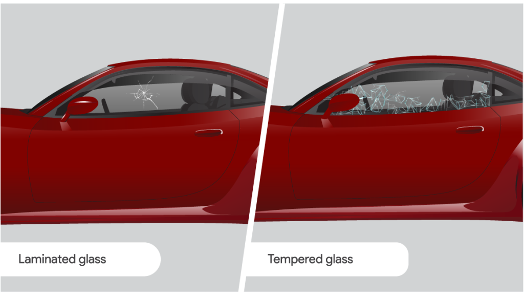 Side-by-side illustration of laminated windscreen glass and tempered side window glass after impact