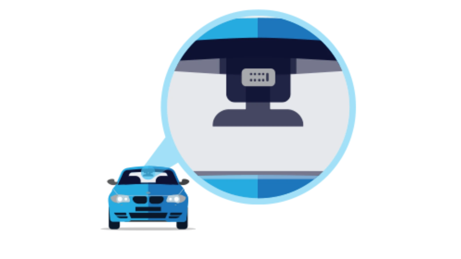 Illustration showing an ADAS forward-facing camera mounted behind the rearview mirror on a car windscreen